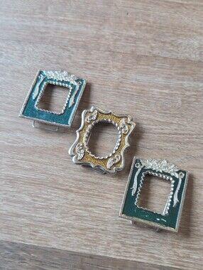 Vintage Mini Ornate Metal Picture Frame Silver Tone, Green & Yellow Resin
